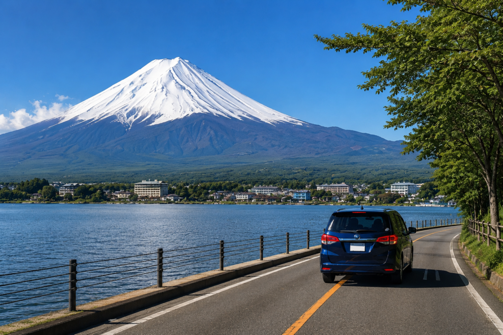 Scenic drive along Lake Kawaguchi with Mount Fuji in the background, a popular road trip destination from Tokyo