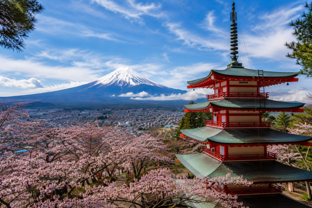 Mount Fuji and cherry blossoms at Lake Kawaguchi during spring, a popular day trip destination from Tokyo