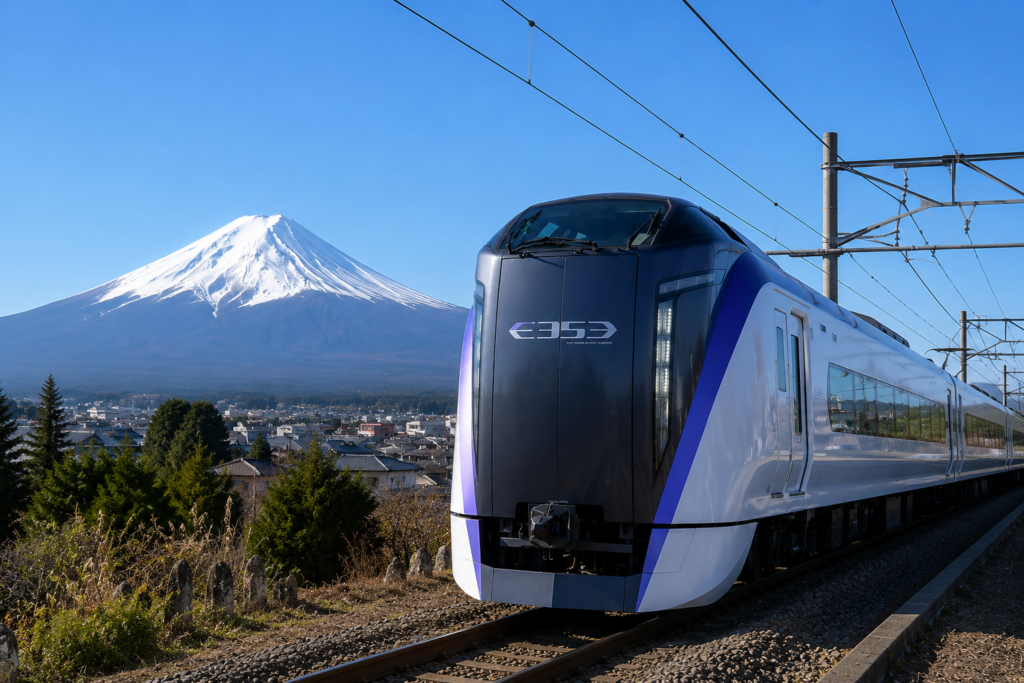 Modern express train traveling toward Lake Kawaguchi with Mount Fuji in the background on a clear day