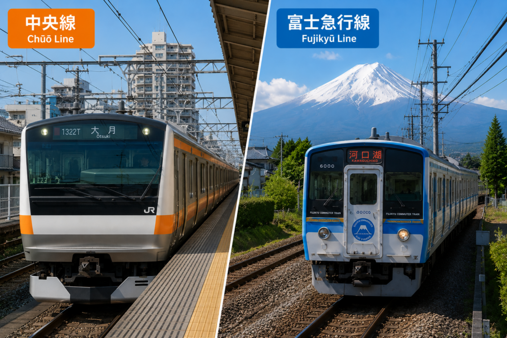 JR Chuo Line train to Otsuki Station and Fujikyu Railway train to Kawaguchiko Station, the most common train route from Tokyo to Lake Kawaguchi