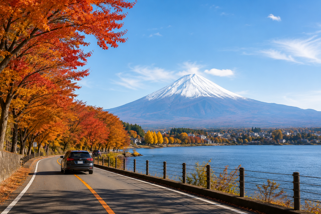 Rental car driving along Lake Kawaguchi during autumn with colorful fall foliage and Mount Fuji in the background
