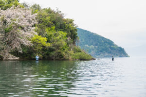 Anglers wading in the shallows of Lake Biwa's North Lake beneath blooming cherry blossoms