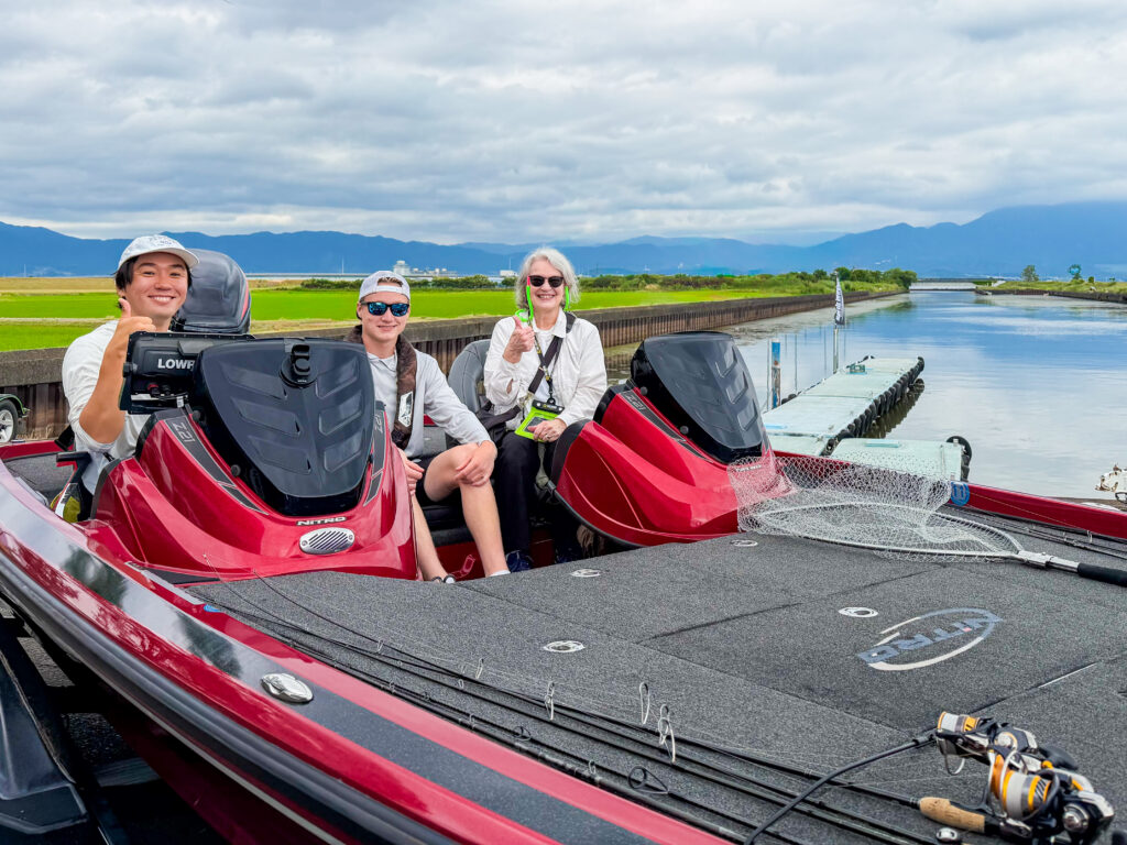 International guests enjoying a private Lake Biwa bass fishing trip on a bass boat