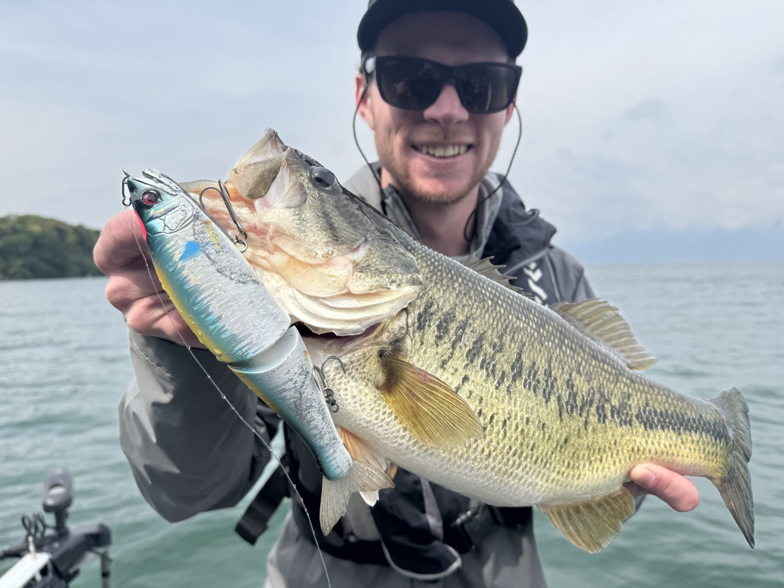 An angler holding a largemouth bass caught on a large glide bait on Lake Biwa