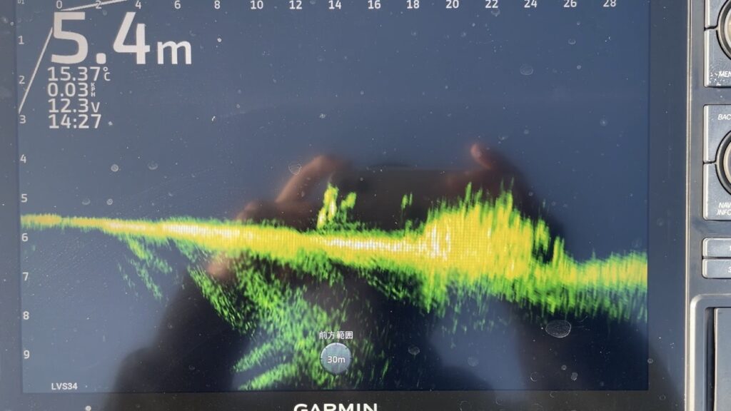 A sonar/Livescope screen showing structure and fish arches on Lake Biwa
