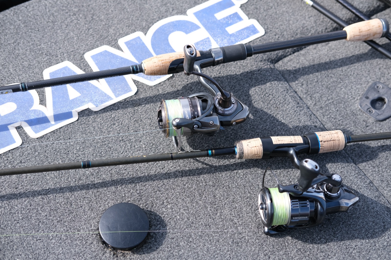 Mid-strolling spinning setups with floating PE line on a Lake Biwa bass boat